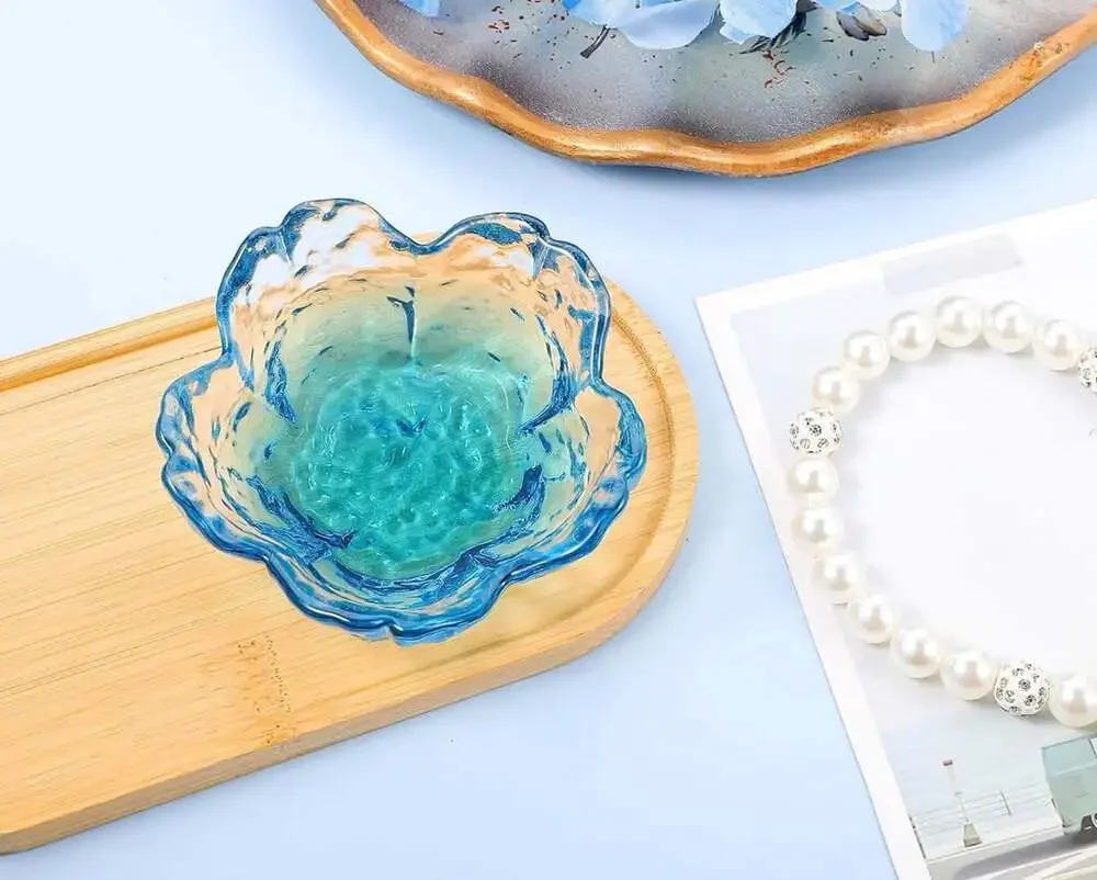 Beebeecraft Sakura Steel Blue Cherry Blossom Flower Glass Jewelry Dish Tray